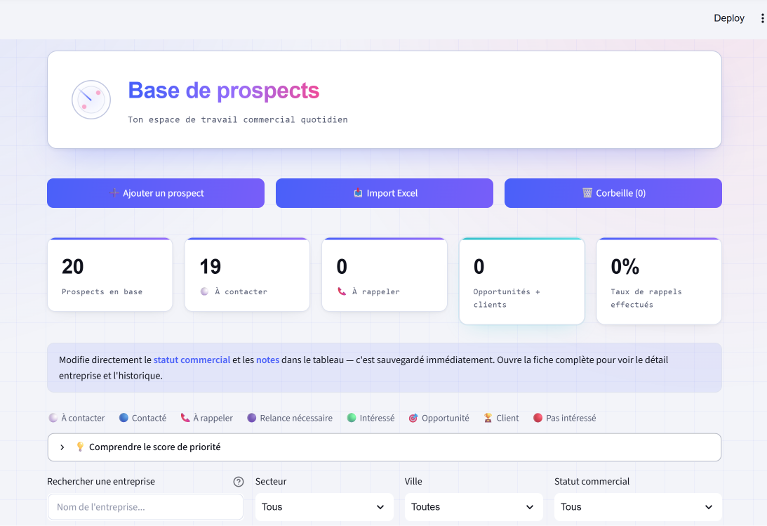 Base de prospects Prosp'Extractor : suivi commercial avec statuts et scores