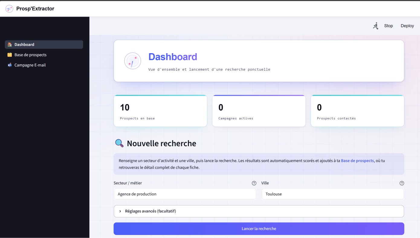 Tableau de bord Prosp'Extractor : lancement d'une recherche par secteur et localisation